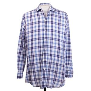 Ledbury USA Mens 16.5 x 34 White Blue Plaid Button‎ Down LS Button Front Shirt